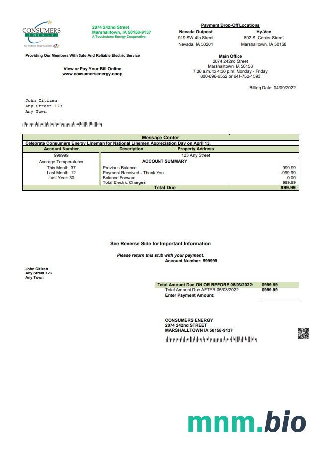 USA Consumers Energy rachunek za media szablon w formacie Word i PDF